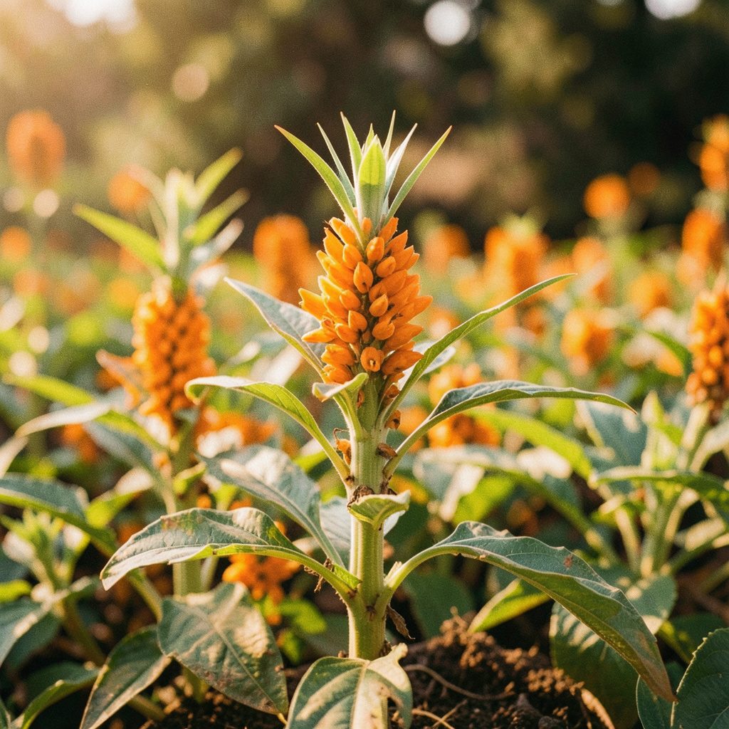 Poudre de curcuma dorée éparpillée sur une surface en pierre naturelle, lumière chaude du matin, ambiance ayurvédique sereine