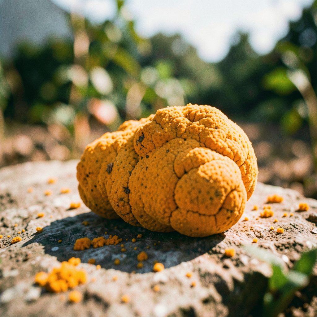 Racines de curcuma fraîches sur une planche en bois rustique, tons terreux et chauds